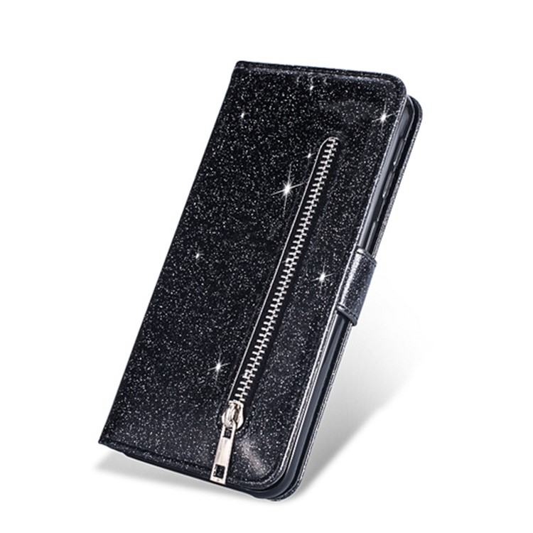 Shiny Sparkle Glitter Powder Zippered Stand Leather Shell with Strap for Xiaomi Redmi Note 8 - Black-6