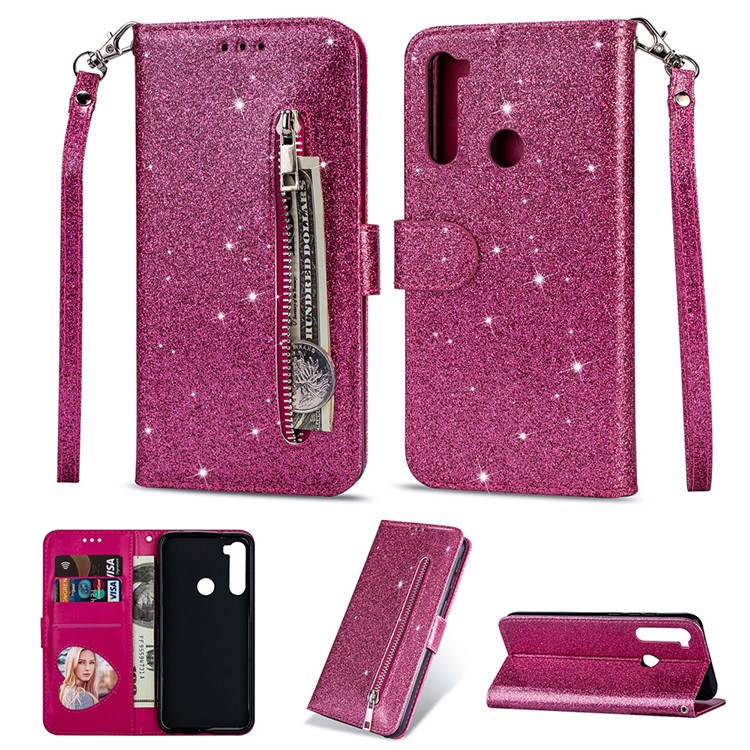 Shiny Sparkle Glitter Powder Zippered Stand Leather Shell with Strap for Xiaomi Redmi Note 8 - Rose-1