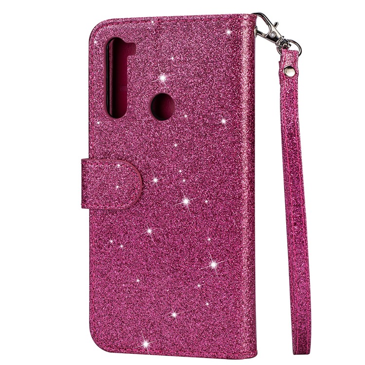 Shiny Sparkle Glitter Powder Zippered Stand Leather Shell with Strap for Xiaomi Redmi Note 8 - Rose-3