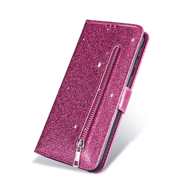 Shiny Sparkle Glitter Powder Zippered Stand Leather Shell with Strap for Xiaomi Redmi Note 8 - Rose-6