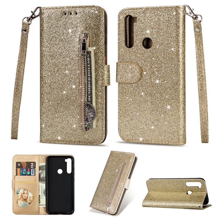 Shiny Sparkle Glitter Powder Zippered Stand Leather Shell with Strap for Xiaomi Redmi Note 8 - Gold-1