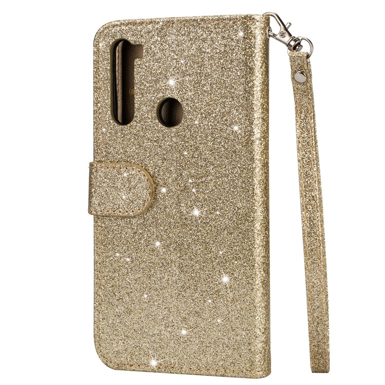 Shiny Sparkle Glitter Powder Zippered Stand Leather Shell with Strap for Xiaomi Redmi Note 8 - Gold-3