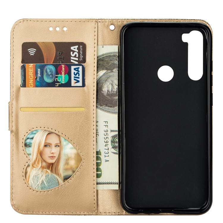 Shiny Sparkle Glitter Powder Zippered Stand Leather Shell with Strap for Xiaomi Redmi Note 8 - Gold-4