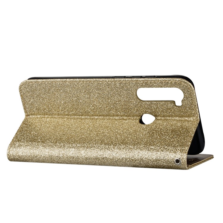 Shiny Sparkle Glitter Powder Zippered Stand Leather Shell with Strap for Xiaomi Redmi Note 8 - Gold-5