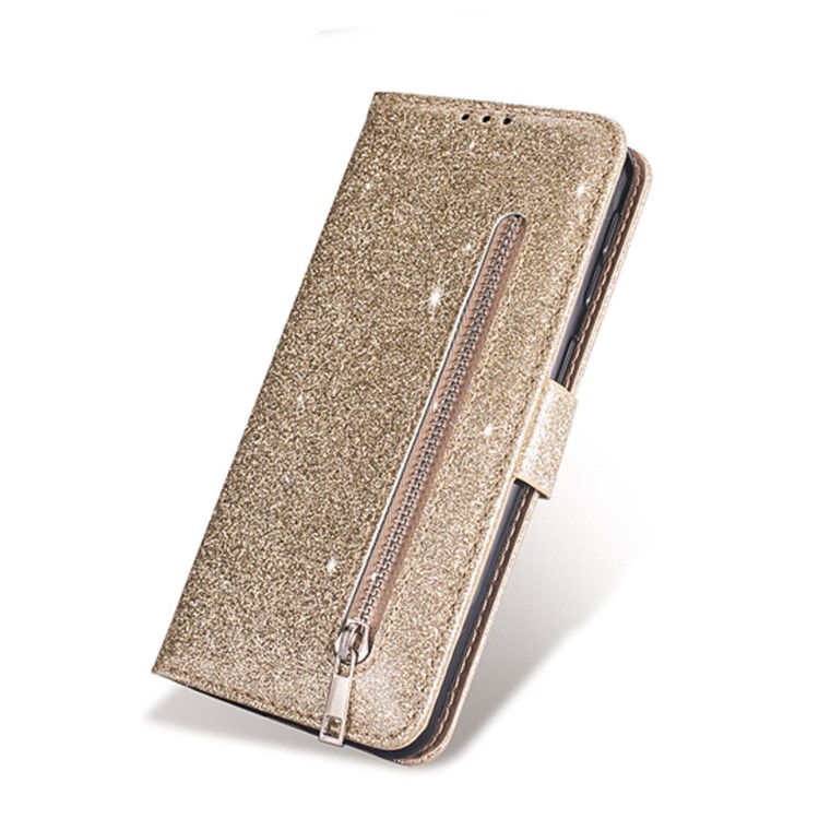 Shiny Sparkle Glitter Powder Zippered Stand Leather Shell with Strap for Xiaomi Redmi Note 8 - Gold-6