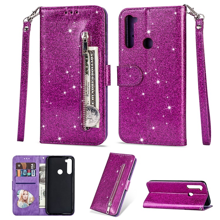 Shiny Sparkle Glitter Powder Zippered Stand Leather Shell with Strap for Xiaomi Redmi Note 8 - Purple-1