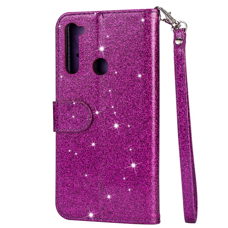 Shiny Sparkle Glitter Powder Zippered Stand Leather Shell with Strap for Xiaomi Redmi Note 8 - Purple-3