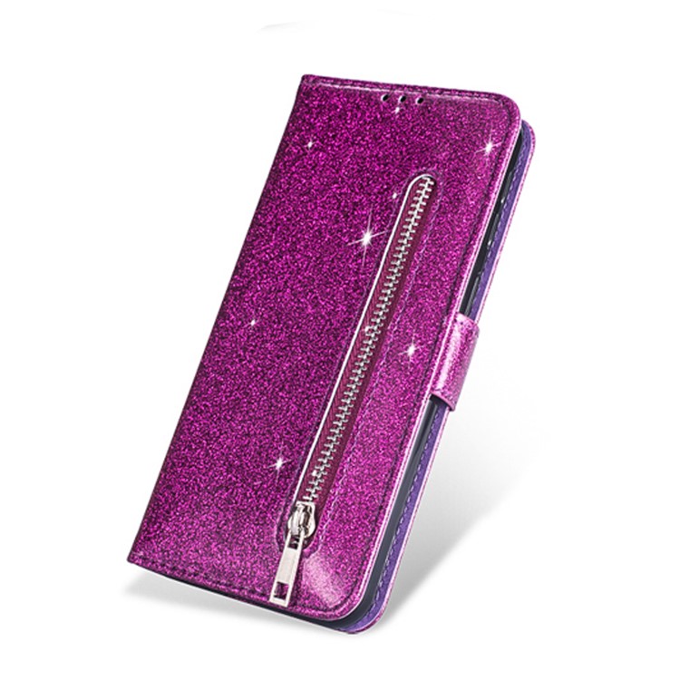 Shiny Sparkle Glitter Powder Zippered Stand Leather Shell with Strap for Xiaomi Redmi Note 8 - Purple-6