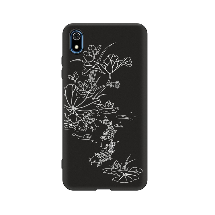 Embossment Printing TPU Cell Phone Shell for Xiaomi Redmi 7A - Black / Lotus and Fish-1