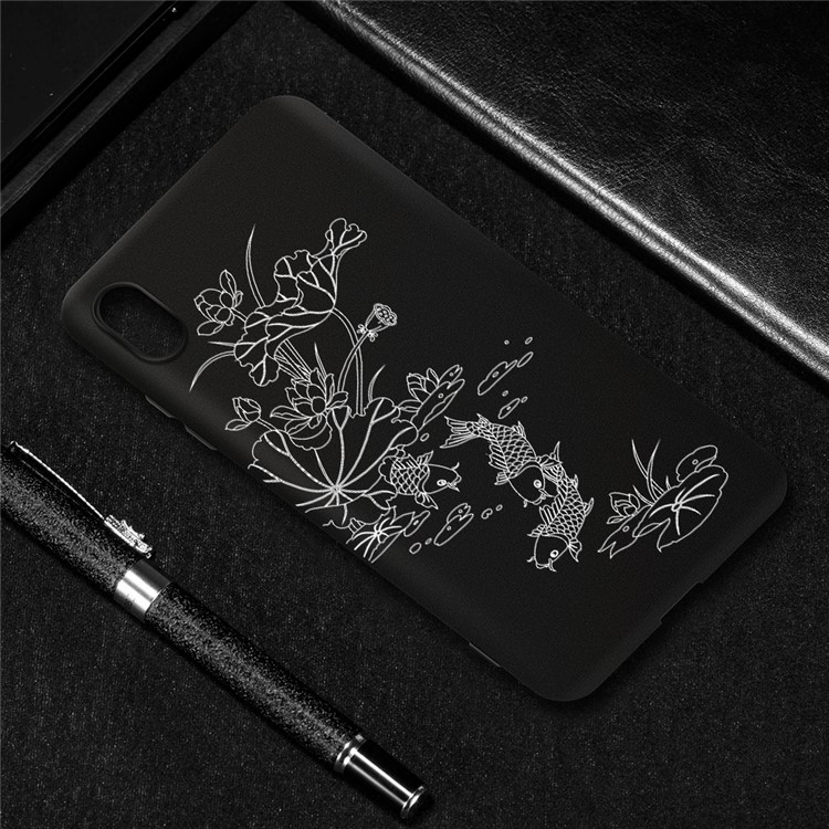 Embossment Printing TPU Cell Phone Shell for Xiaomi Redmi 7A - Black / Lotus and Fish-4