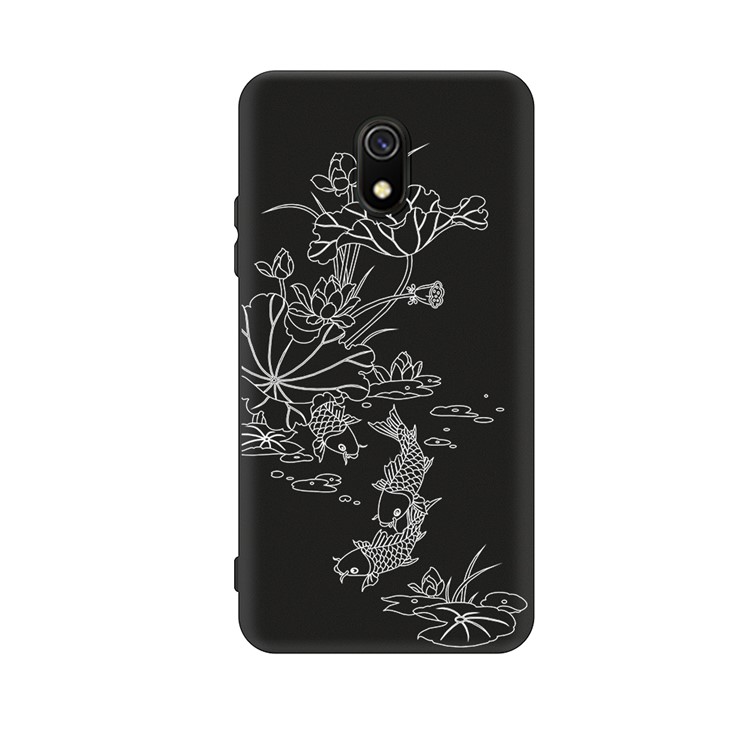 Embossment Printing TPU Casing Shell for Xiaomi Redmi 8A - Black / Lotus and Fish-1