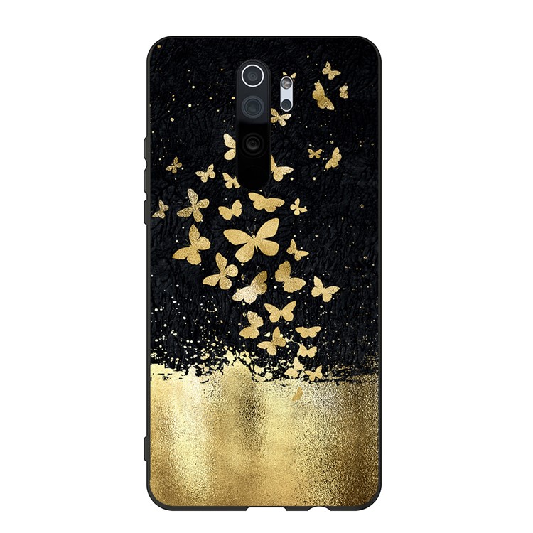 Embossment Pattern Cool Printing TPU Phone Covering Shell for Xiaomi Redmi Note 8 Pro - Black / Gold Butterflies-1