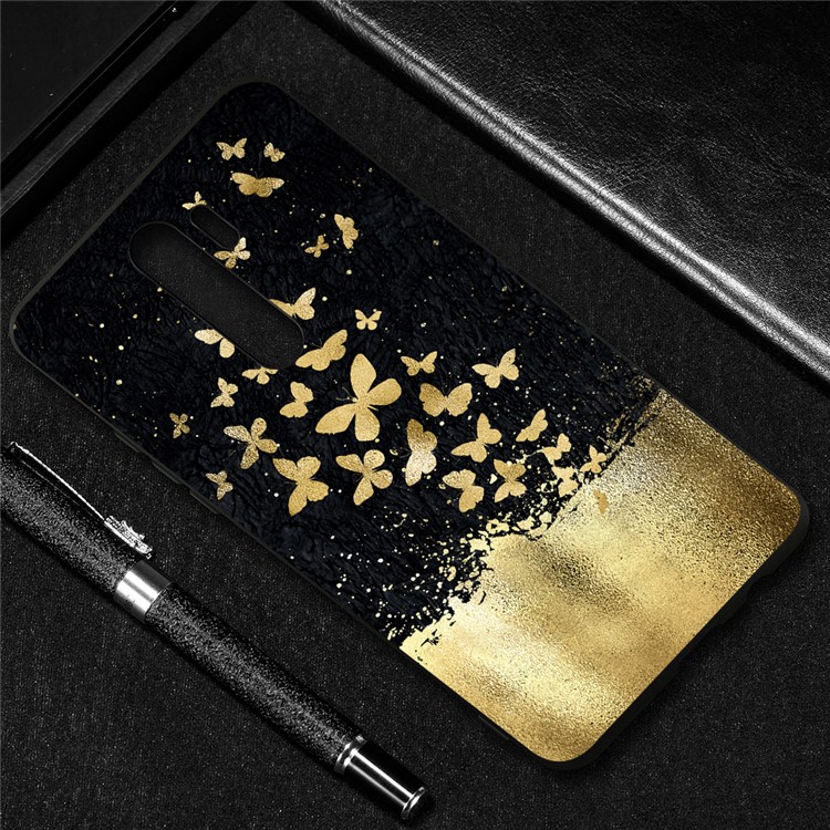Embossment Pattern Cool Printing TPU Phone Covering Shell for Xiaomi Redmi Note 8 Pro - Black / Gold Butterflies-4