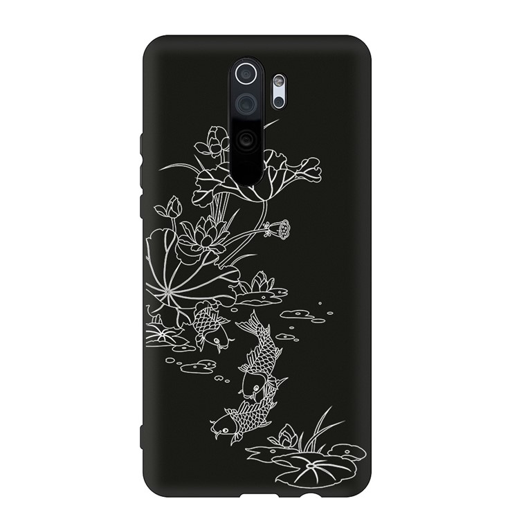 Embossment Pattern Cool Printing TPU Phone Covering Shell for Xiaomi Redmi Note 8 Pro - Black / Lotus and Fish-1
