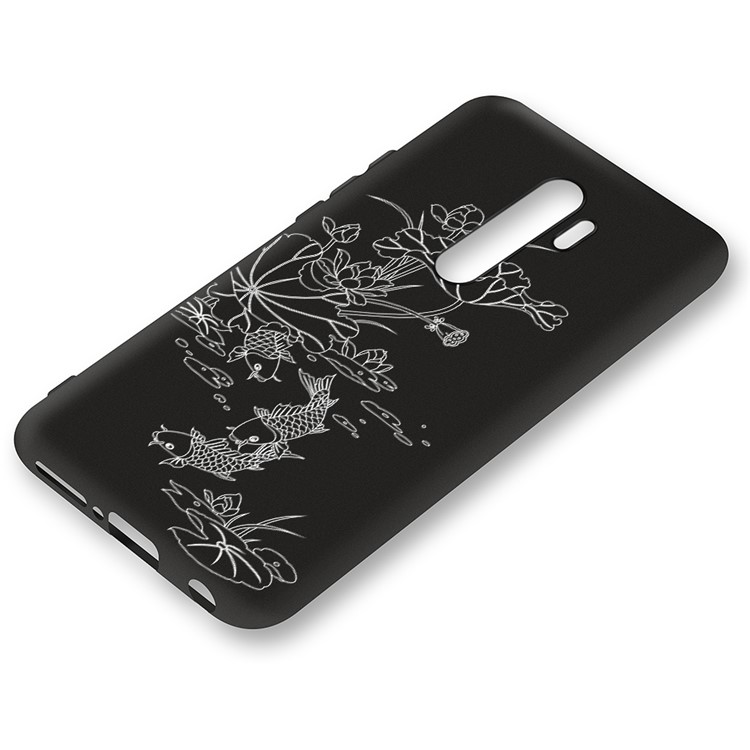 Embossment Pattern Cool Printing TPU Phone Covering Shell for Xiaomi Redmi Note 8 Pro - Black / Lotus and Fish-2