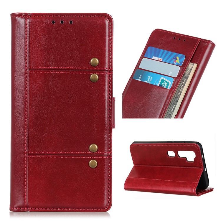 Rivet Decorated Crazy Horse Leather Wallet Case for Xiaomi Mi Note 10 - Red-1