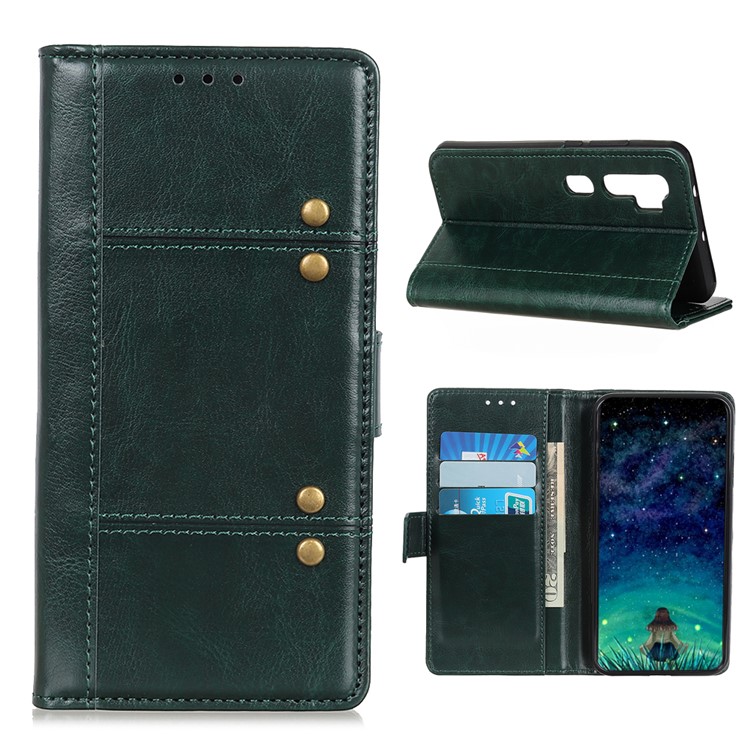 Rivet Decorated Crazy Horse Leather Wallet Case for Xiaomi Mi Note 10 - Green-1
