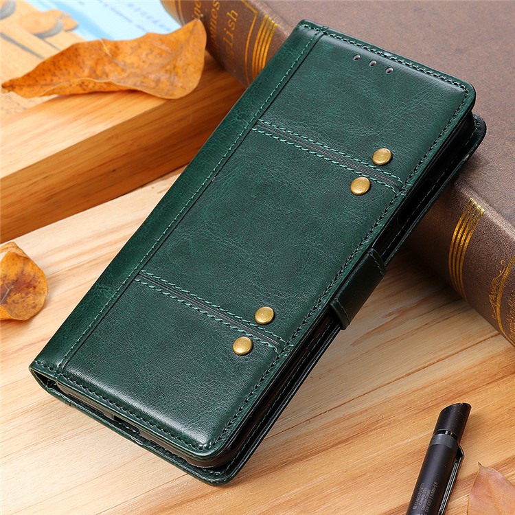 Rivet Decorated Crazy Horse Leather Wallet Case for Xiaomi Mi Note 10 - Green-11