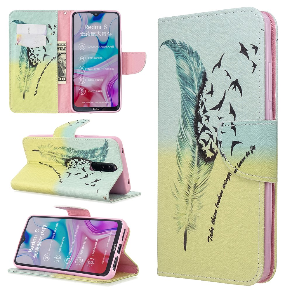 Pattern Printing Wallet Flip Leather Phone Case for Xiaomi Redmi 8 - Feather-1