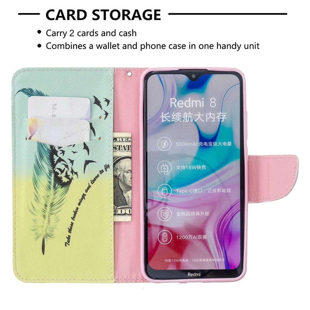 Pattern Printing Wallet Flip Leather Phone Case for Xiaomi Redmi 8 - Feather-6