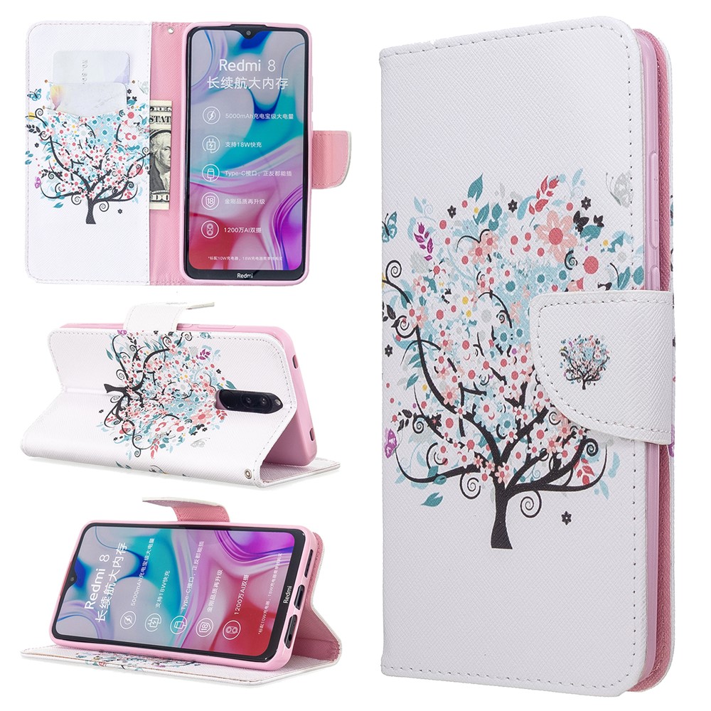 Pattern Printing Wallet Flip Leather Phone Case for Xiaomi Redmi 8 - Flower Tree-1
