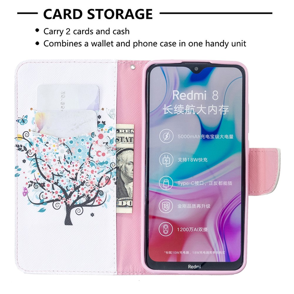 Pattern Printing Wallet Flip Leather Phone Case for Xiaomi Redmi 8 - Flower Tree-6