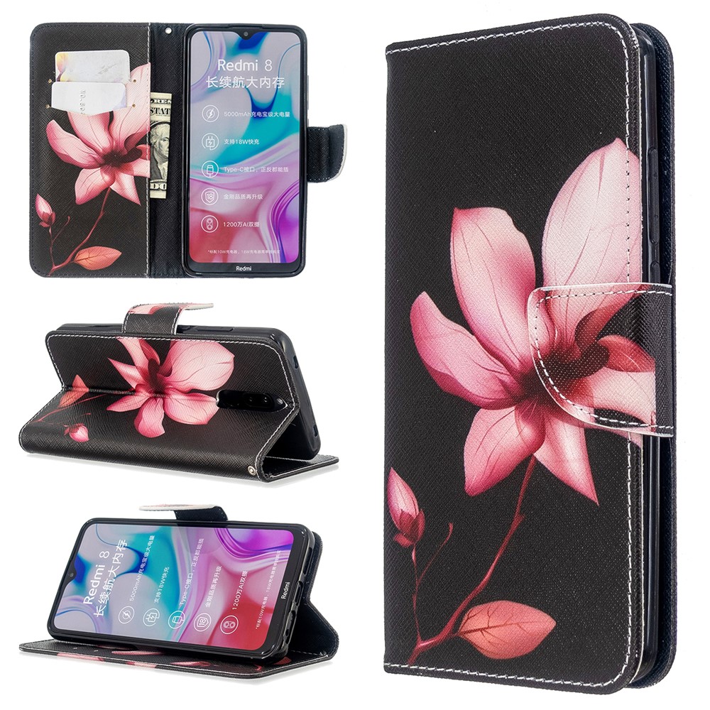 Pattern Printing Wallet Stand Leather Phone Cover Casing for Xiaomi Redmi 8 - Red Flower-1