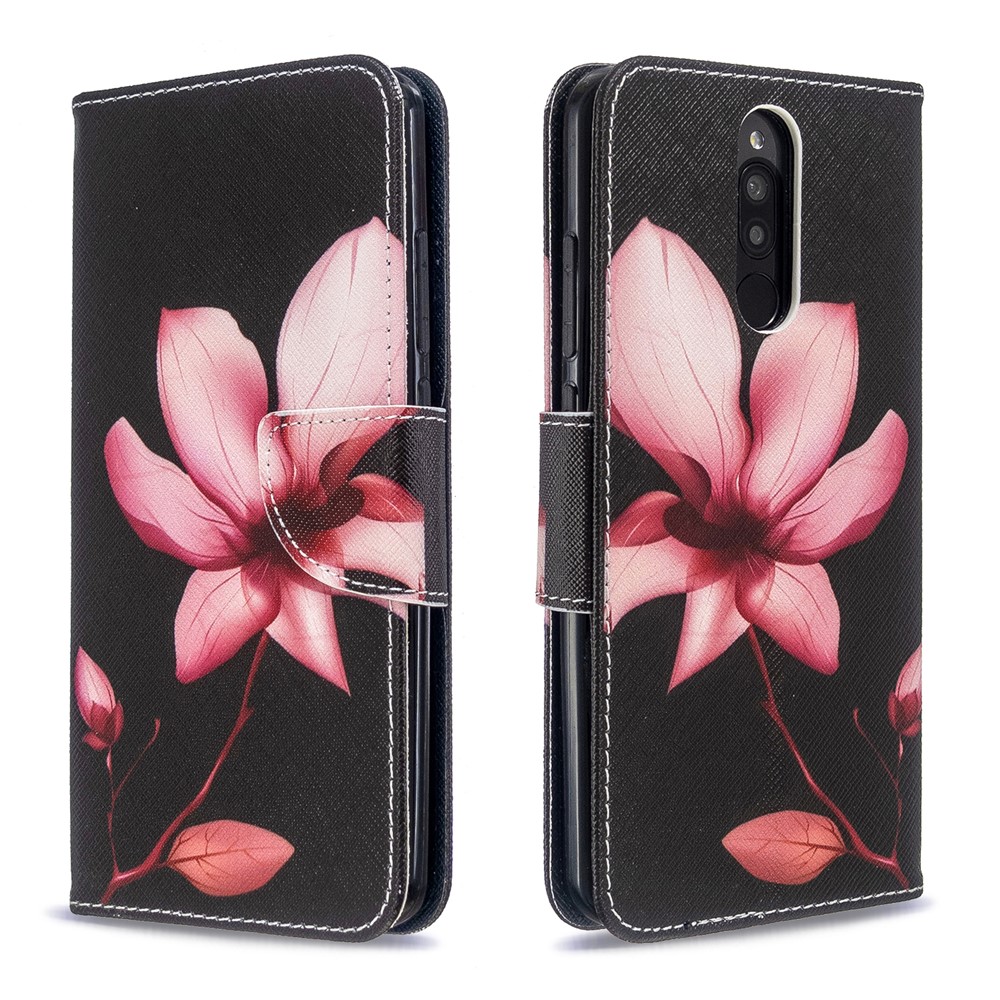 Motif D'impression de Portefeuille Support en Cuir Boîtier de Couverture de Téléphone Pour Xiaomi Redmi 8 - Fleur Rouge-4