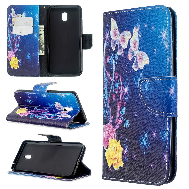 Debout Cas De Téléphone En Cuir Rabat Modèle D'impression Portefeuille Croix De Texture Pour Xiaomi Redmi 8A - Fleur Et Papillon-1