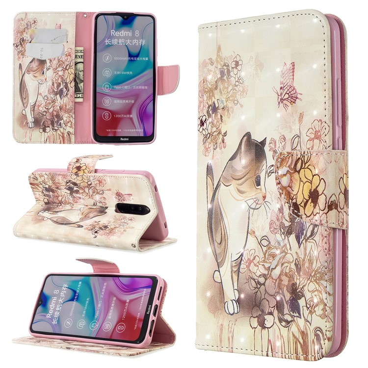 Pattern Printing Light Spot Decor Leather Case Stand Wallet Cover for Xiaomi Redmi 8 - Cat and Flowers-1