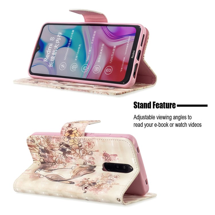 Pattern Printing Light Spot Decor Leather Case Stand Wallet Cover for Xiaomi Redmi 8 - Cat and Flowers-5