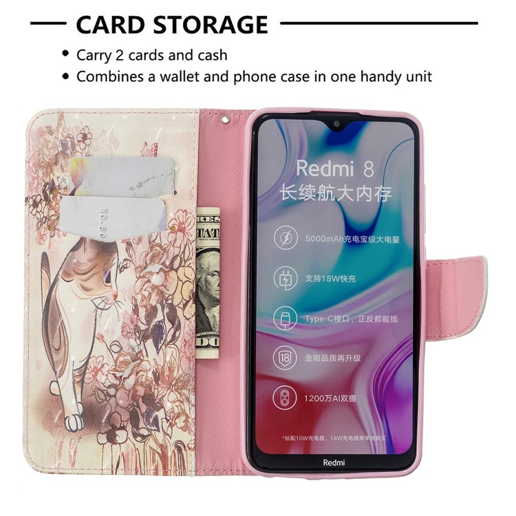 Pattern Printing Light Spot Decor Leather Case Stand Wallet Cover for Xiaomi Redmi 8 - Cat and Flowers-6