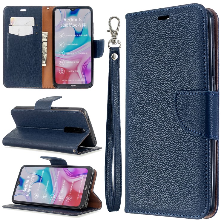 Litchi Skin Leather Wallet Stand Phone Cover with Strap for Xiaomi Redmi 8 - Blue-1