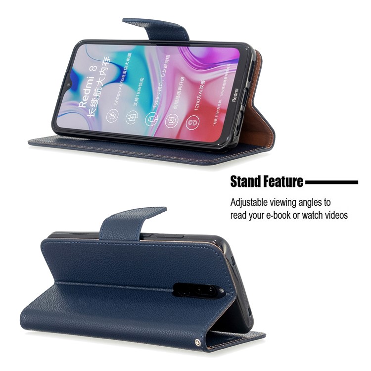 Litchi Skin Leather Wallet Stand Phone Cover with Strap for Xiaomi Redmi 8 - Blue-5