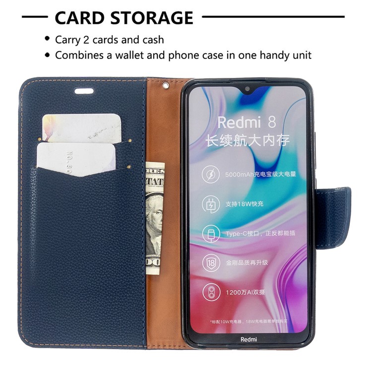 Litchi Skin Leather Wallet Stand Phone Cover with Strap for Xiaomi Redmi 8 - Blue-6