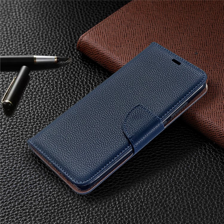 Litchi Skin Leather Wallet Stand Phone Cover with Strap for Xiaomi Redmi 8 - Blue-7