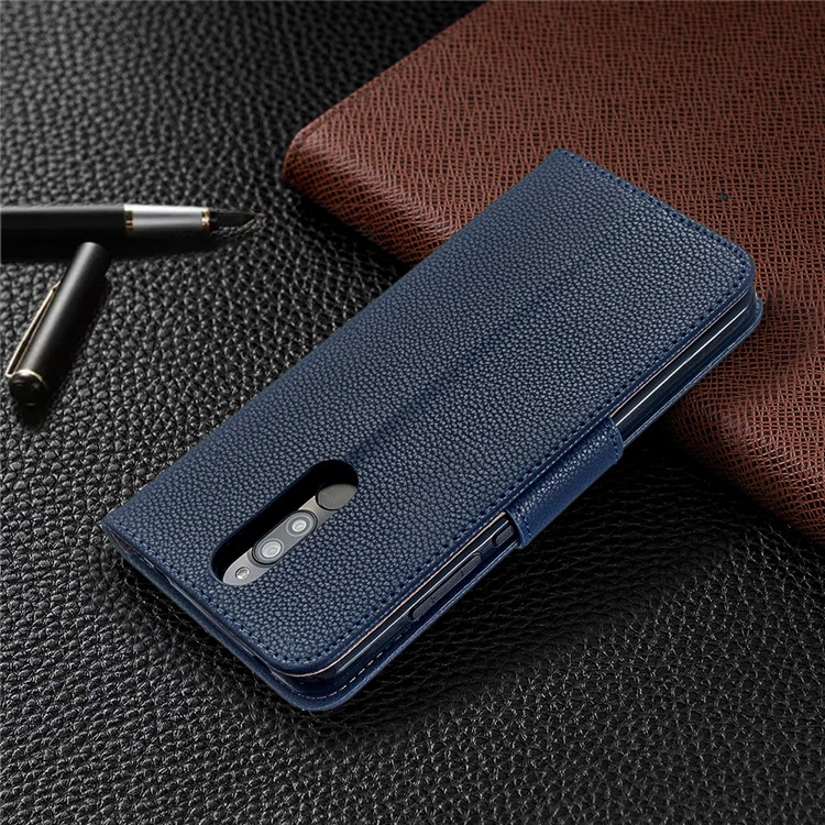 Litchi Skin Leather Wallet Stand Phone Cover with Strap for Xiaomi Redmi 8 - Blue-8