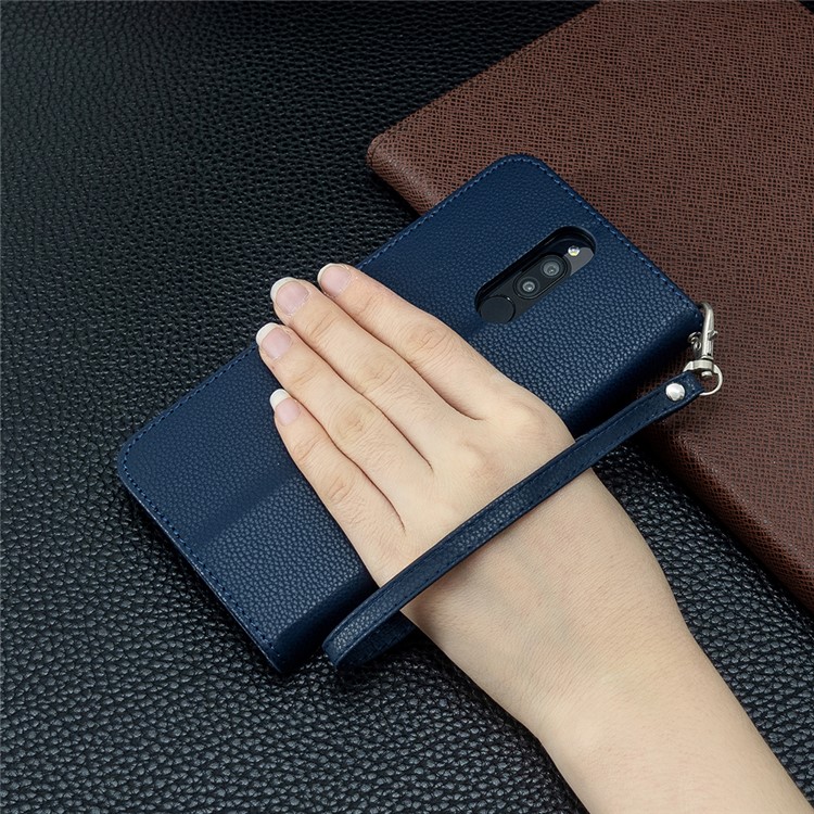 Litchi Skin Leather Wallet Stand Phone Cover with Strap for Xiaomi Redmi 8 - Blue-9