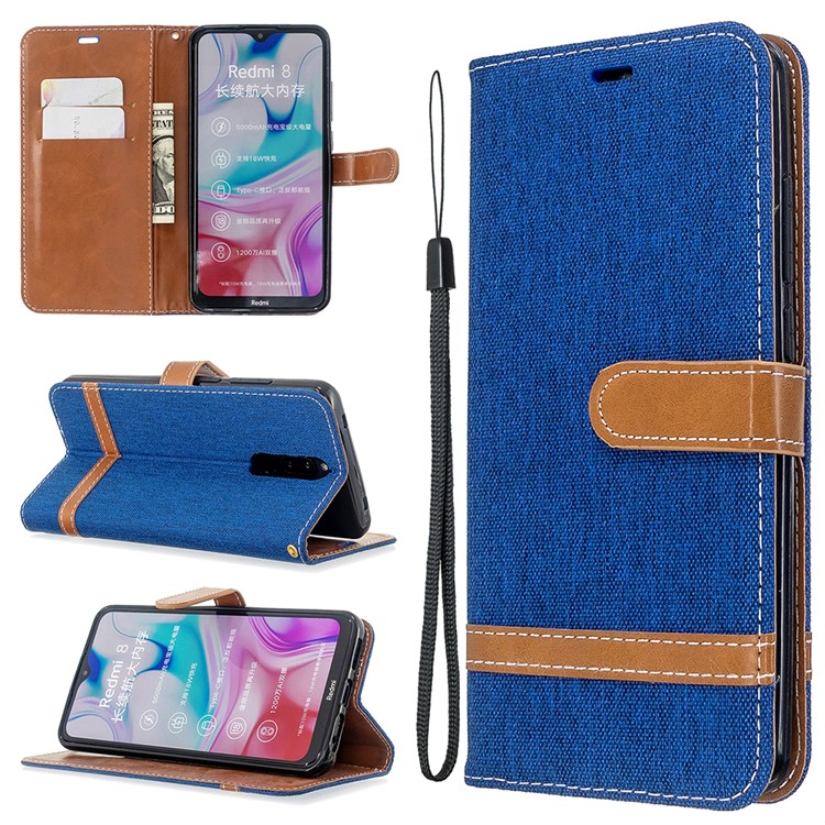 Farbe Splicing Jeans Tuch Haut Einzigartiger Fall Für Xiaomi Redmi 8 - Baby Blau-1