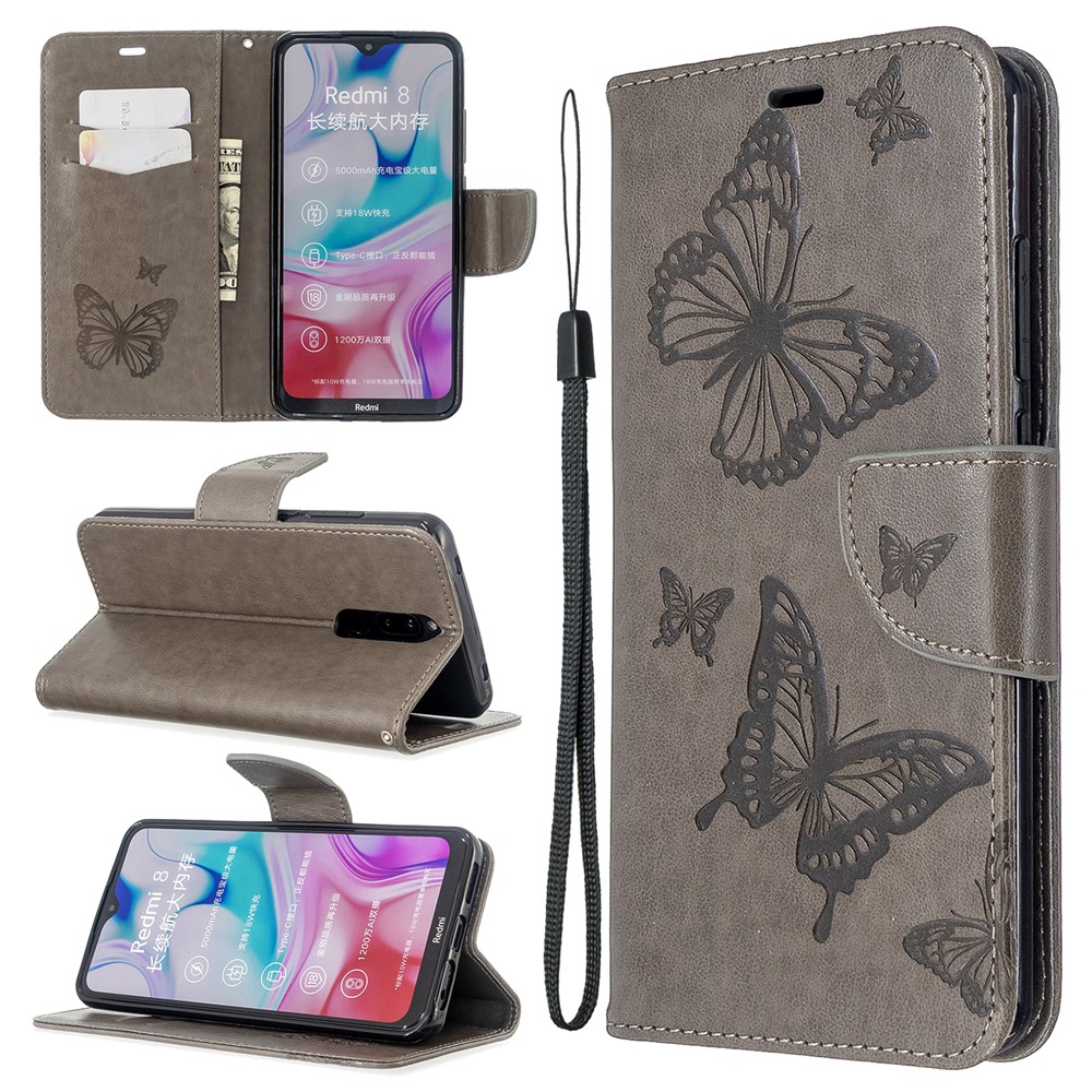 Imprint Butterfly PU Leather Wallet Case for Xiaomi Redmi 8 - Grey-1