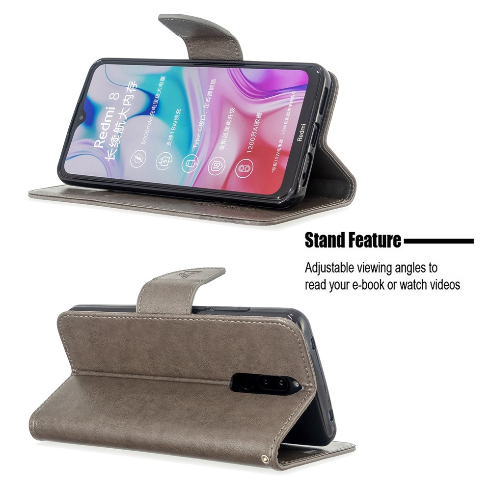 Imprint Butterfly PU Leather Wallet Case for Xiaomi Redmi 8 - Grey-5