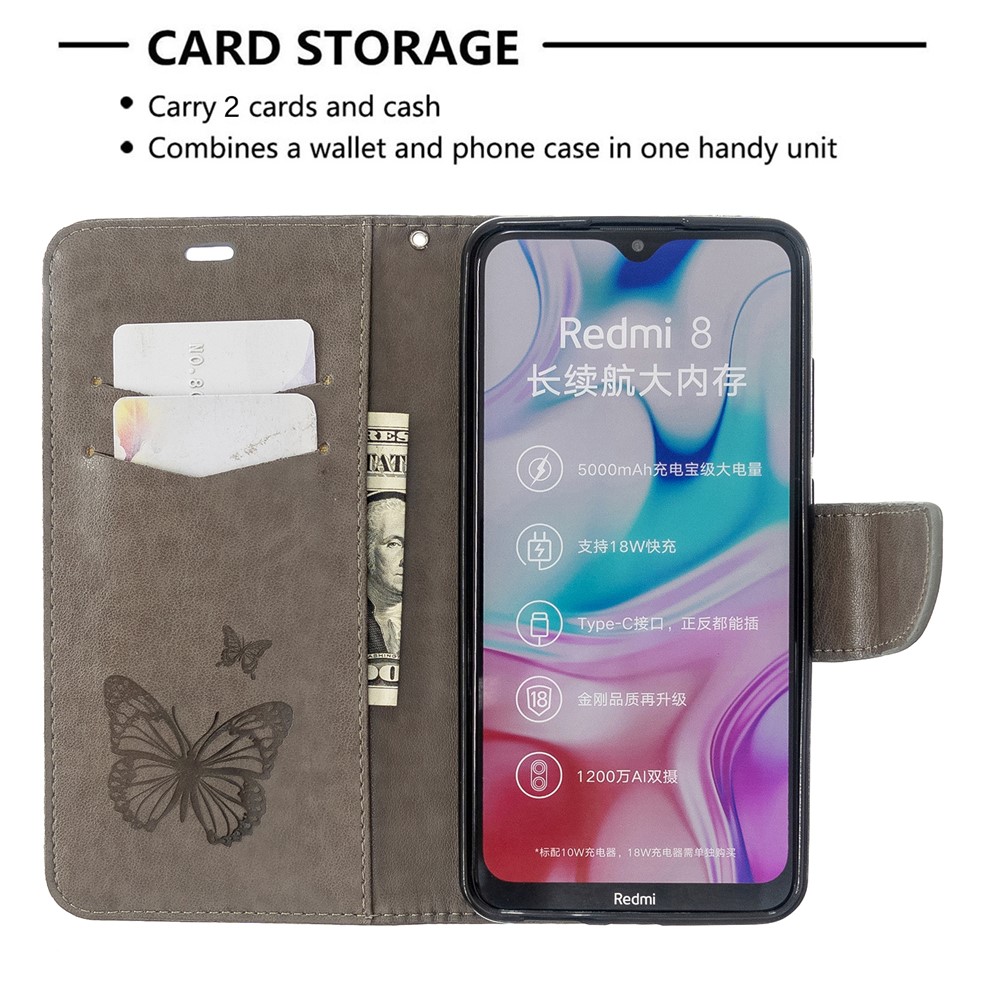 Imprint Butterfly PU Leather Wallet Case for Xiaomi Redmi 8 - Grey-6