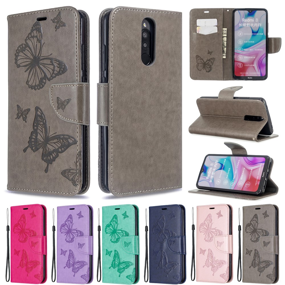 Imprint Butterfly PU Leather Wallet Case for Xiaomi Redmi 8 - Grey-9