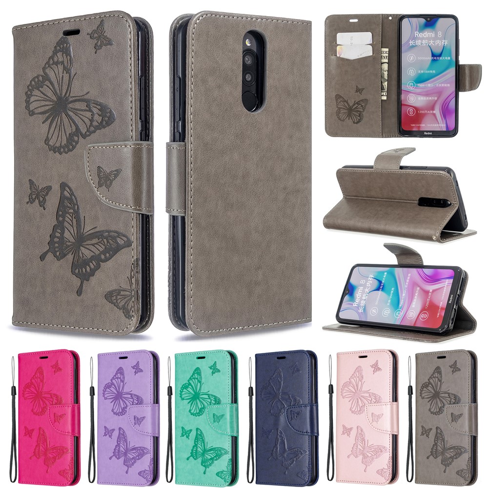 Imprint Butterfly PU Pallet in Pelle Per Xiaomi Redmi 8 - Grigio