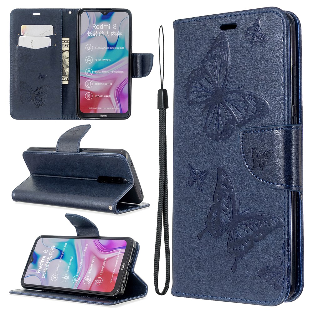 Imprint Butterfly PU Leather Wallet Case for Xiaomi Redmi 8 - Blue-1