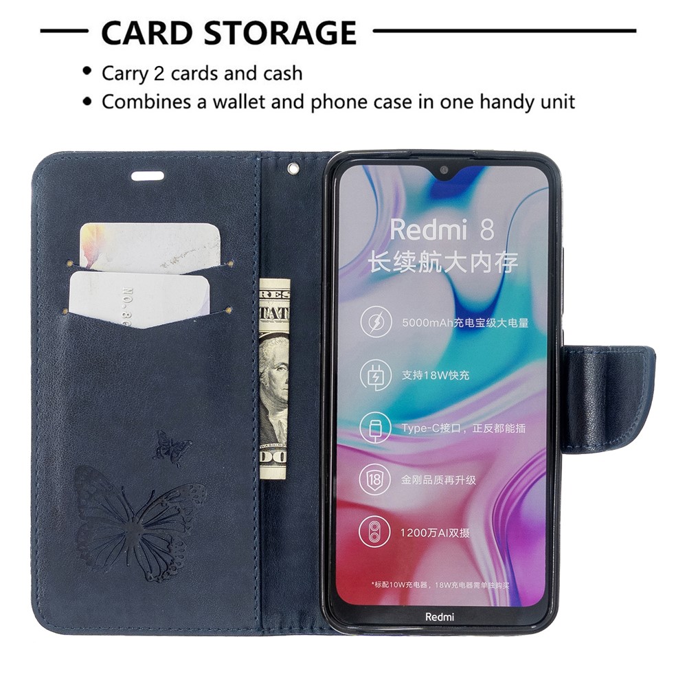 Imprint Butterfly PU Leather Wallet Case for Xiaomi Redmi 8 - Blue-6