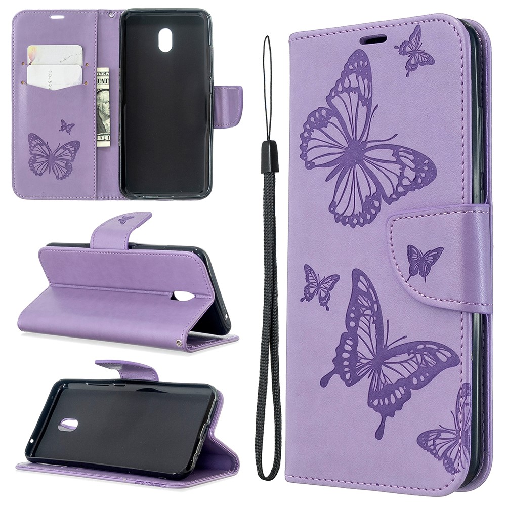 Imprint Butterfly Leather Wallet Stand Case for Xiaomi Redmi 8A - Purple-1