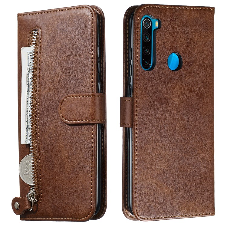 Zipper Pocket Leather Wallet Stand Case for Xiaomi Redmi Note 8 - Brown-4