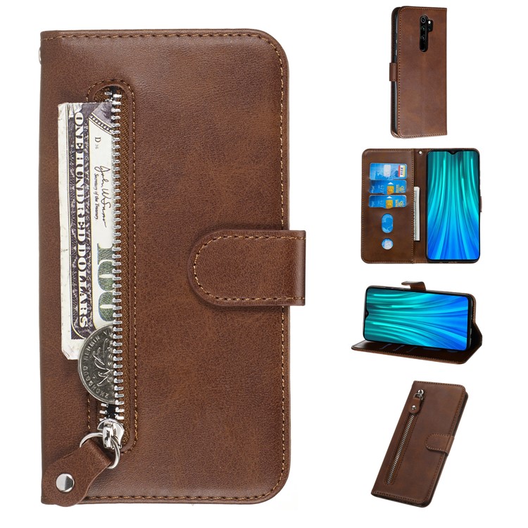 Zipper Pocket Leather Wallet Case for Xiaomi Redmi Note 8 Pro - Brown-1