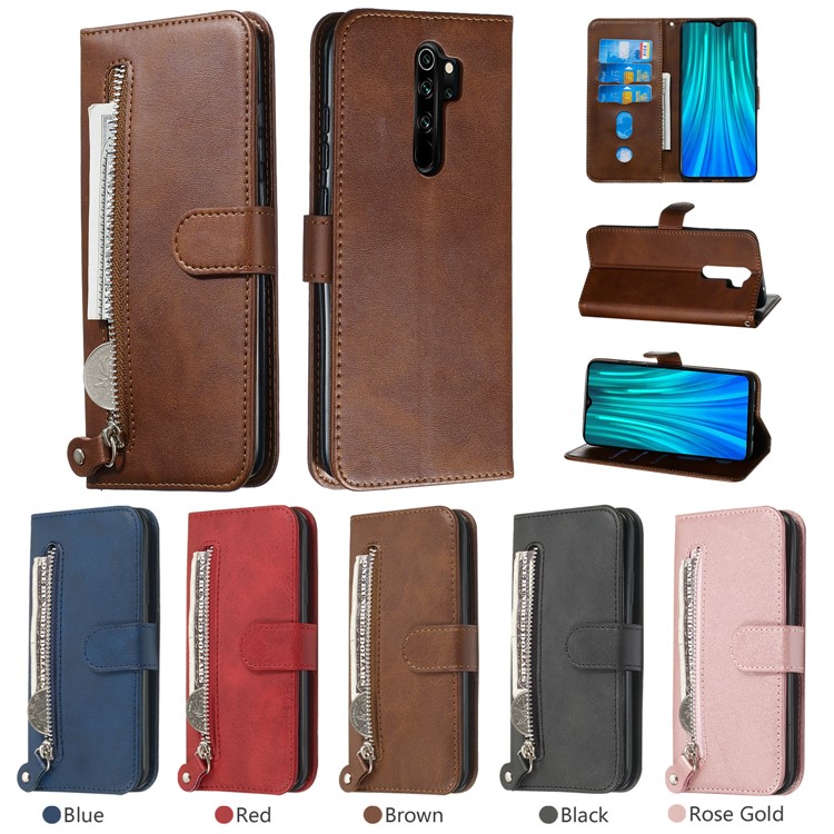 Zipper Pocket Leather Wallet Case for Xiaomi Redmi Note 8 Pro - Brown-12